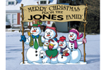 Fun winter-themed yard art pattern with snowman family holding sign