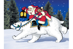 Fantasy flyer pattern features a festive Santa riding a polar bear