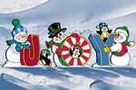 Three separate winter snowmen spell out the word "joy" 