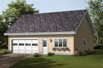 Two-car garage has loft above and work area plus charming planter box under window