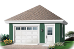 One-car garage has entry door and a stylish hip roof design
