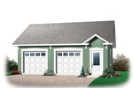 Two-car grage has gabled design above entry door