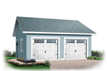 Spacious two-car garage has charming country style garage doors