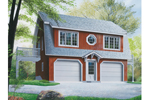 Two-story style two-car garage apartment has symmetrical feel with round center window 