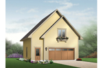 Two-car apartment garage with double gable roof and window with planter box below
