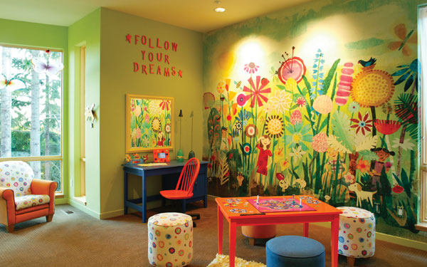 Cheerful children's playroom with wall mural