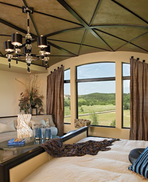 Serene bedroom with handsome chandelier