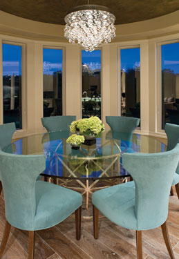 stylish dining room with unique chandelier