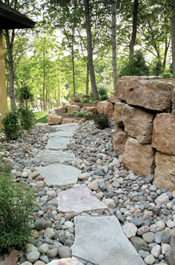 natural stone walkway surrounded by pebbles