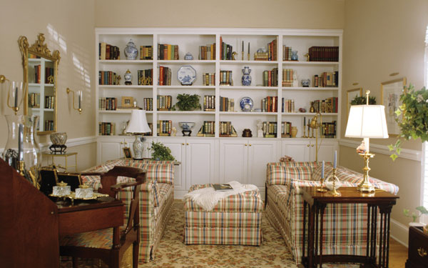 family room with bookcases