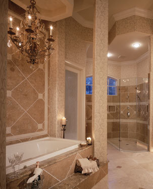 elegant master bath with chandelier