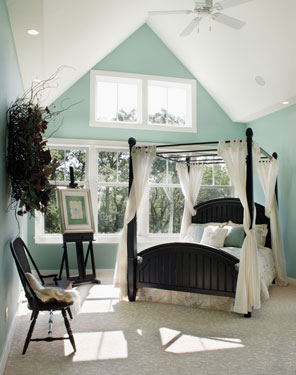tranquil bedroom with soothing fabrics and color