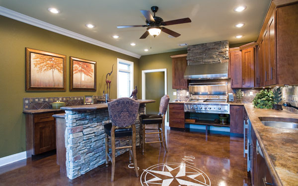 kitchen with attractive upholstered barstools