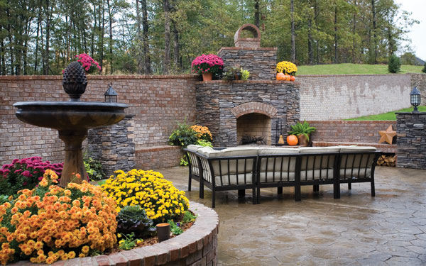 Brick patio with fall landscaping