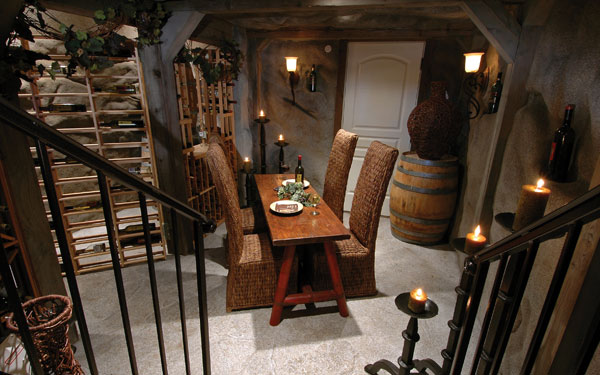 european style wine cellar with seating