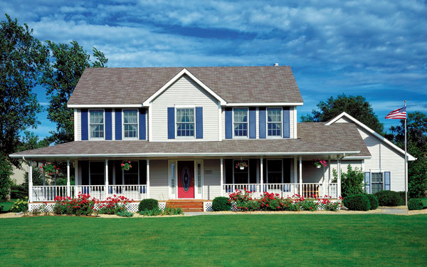 Country style houseplan with American flag on pole