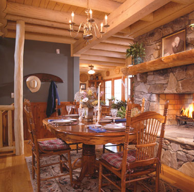 rustic log ceiling in dining room