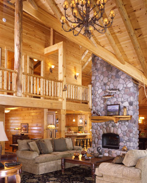 open log home living room
