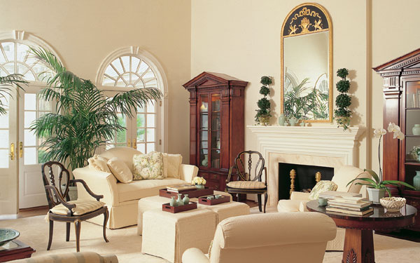 Colonial style formal great room with period style mirror