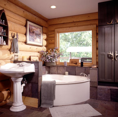 log home bath with big window