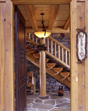 open front door of log home