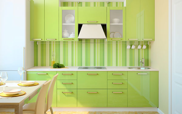 bold colored small kitchen
