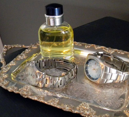vintage tray with watches and perfume