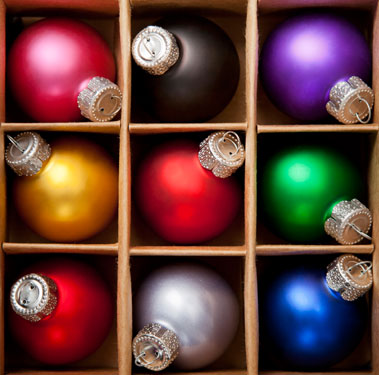 box of colorful Christmas ornaments