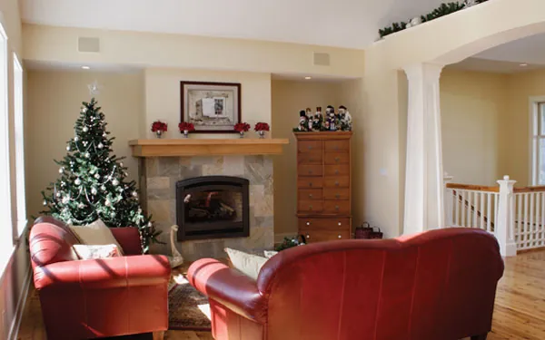 Sun filled great room with Christmas decorations