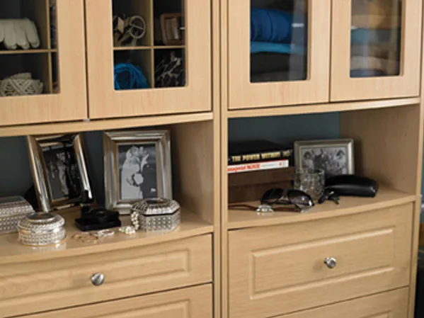 close-up detail of master bedroom closet cabinet and shelf