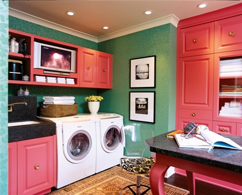 stylish red laundry room