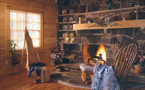 fireplace inside log home